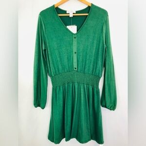 Birch And Stone Long Sleeve Green Sz Large Smocked Waist V-Neck Dress